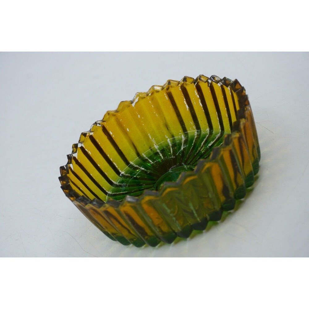 Vintage MCM Jeannette Green Amber Flashed Glass Ash Tray Candy Dish Powder Jar